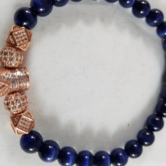 Hand Crafted Cat's Eye Rose Gold Pave Crown Stretch Bracelet Blue 7 3/4” Unisex - Picture 3 of 6